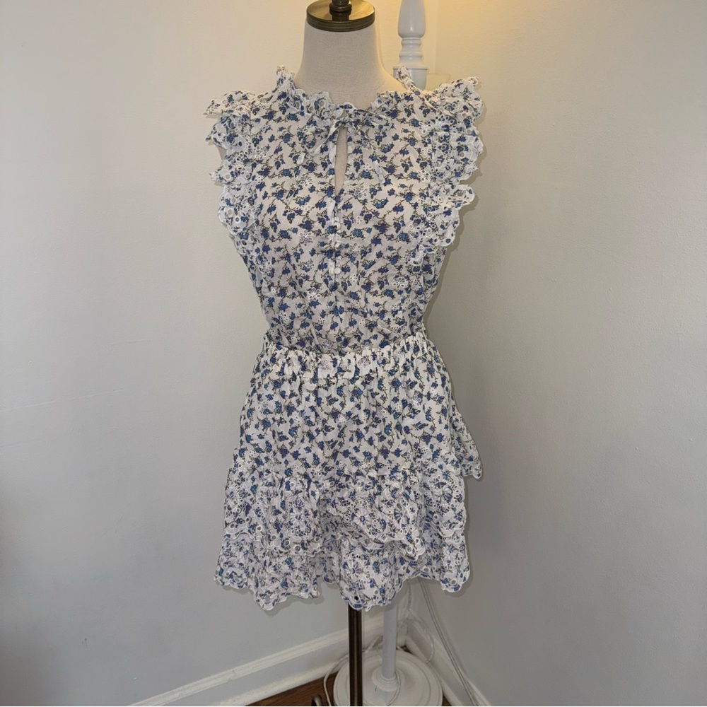 Jennifer & Grace M Blue White Floral Eyelet Embroidered Scalloped Skirt Top Set - Picture 2 of 10